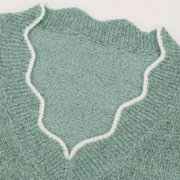 Women's Plus Color Block Long Sleeve V Neck Floral Trim Casual Sweater - Picture 3 of 6